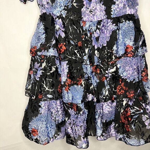 Alice + Olivia Size 10 Nichola Black Blue Red Cold Shoulder Ruffled Floral Dress - Picture 8 of 16